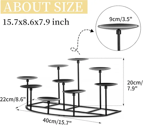 Vista 5 de Romadedi Portavelas para chimenea, 9 candelabros, para velas de pilar, soporte de vela negro, mesa de hierro, centro de mesa, manto, decoración