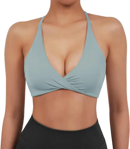 Vista 5 de SUUKSESS Sujetador deportivo de 2 piezas para mujer, con espalda abierta, con tirantes delgados, cuello en V, para entrenamiento