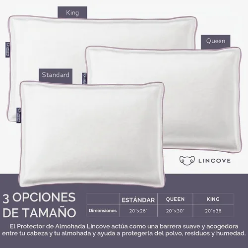 Vista 4 de Lincove Funda protectora de almohada de satén 100% algodón, funda de almohada con cremallera, 500 hilos, algodón de lujo, protector de almohada
