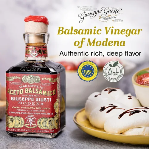 Vista 2 de Giusti Vinagre balsámico italiano de Módena IGP – 3 medallas de oro, rico y grueso Gran Deposito Aceto Balsamico di Modena para ensaladas, queso