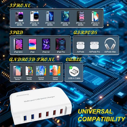 Vista 5 de Cargador rápido USB, estación de carga portátil de 6 puertos, adecuado para varios dispositivos, compatible con iPhone, iPad, Samsung, Google