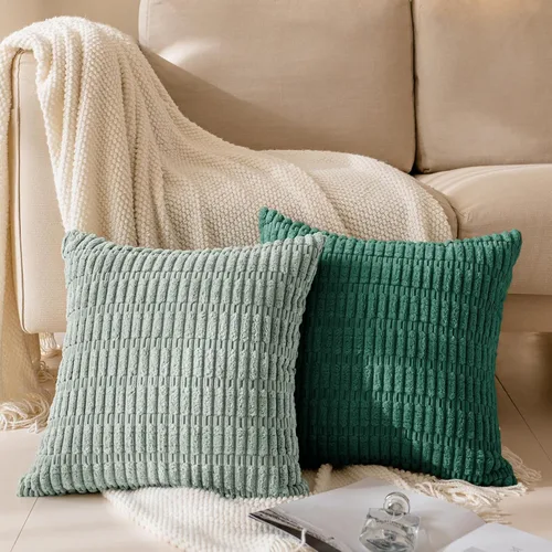 Vista 6 de Juego de 4 fundas de almohada decorativas de pana de 16 x 16 pulgadas, beige y verde Fundas de almohada suaves a rayas estilo bohemio moderno