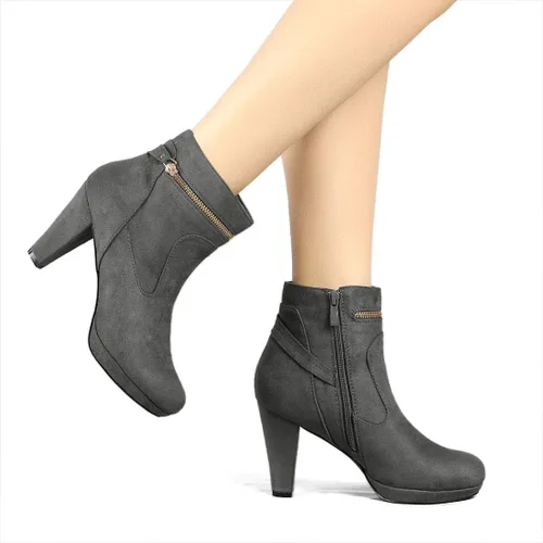 Vista 2 de Allegra K Botas de tacón medio de tobillo con punta redonda para mujer
