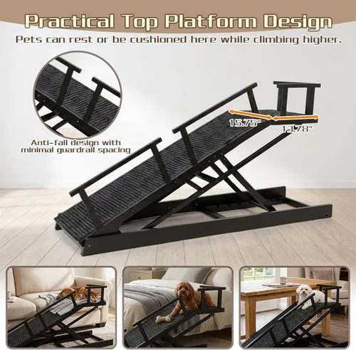 Vista 3 de Rampa plegable para perros de 65 pulgadas para cama, altura ajustable de 6 niveles (13-32.1 pulgadas) con plataforma de descanso, superficie