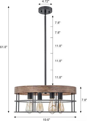 Vista 2 de Candelabro industrial de granja de 19.7 pulgadas, 4 luces, estilo rústico, con textura de grano de madera y pantalla de metal negro para comedor