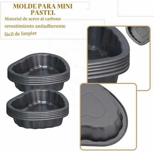 Vista 4 de 10 piezas de mini molde de tubo estriado, molde de acero al carbono de 4 pulgadas con forma de corazón, molde antiadherente para tartas, mini molde