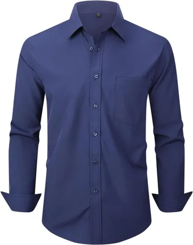 Vista 23 de corfty Camisa de vestir de manga larga para hombre, ajuste regular, elástica, sin arrugas, casual, con botones