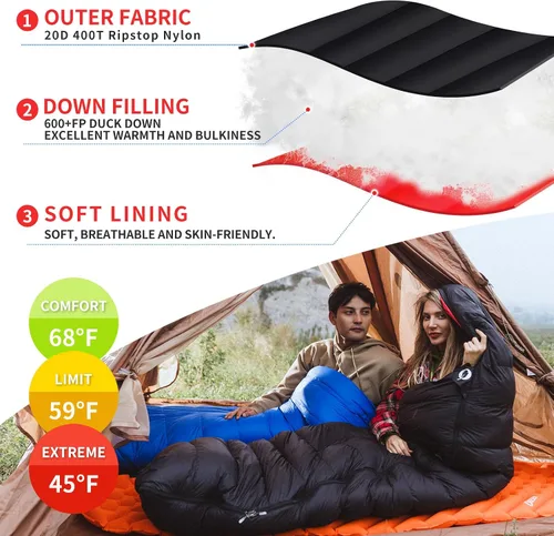 Vista 3 de Down Sleeping Bag for Adults, 600 Fill Power Ultralight Backpacking