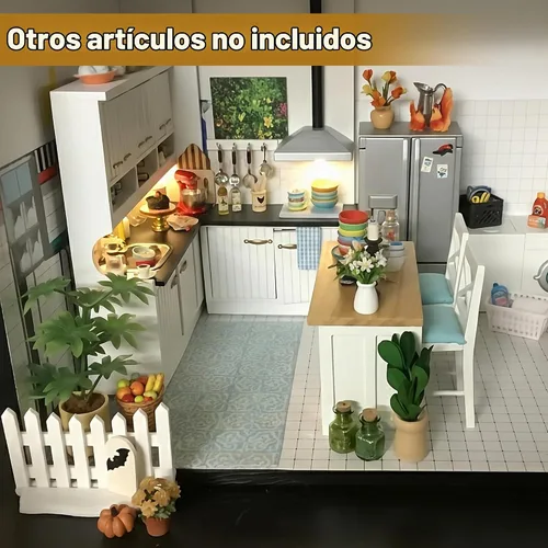 Vista 3 de Juego de sillas de mesa de comedor con islas de cocina de casa de muñecas 1/12 – Cocina en miniatura con taburetes, muebles de madera modernos