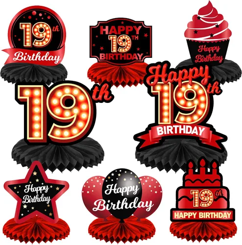 Vista 44 de Feliz 45 cumpleaños rojo y negro centros de mesa de panal de abeja decoraciones de globos decoración de mesa centros de mesa para niñas mujeres