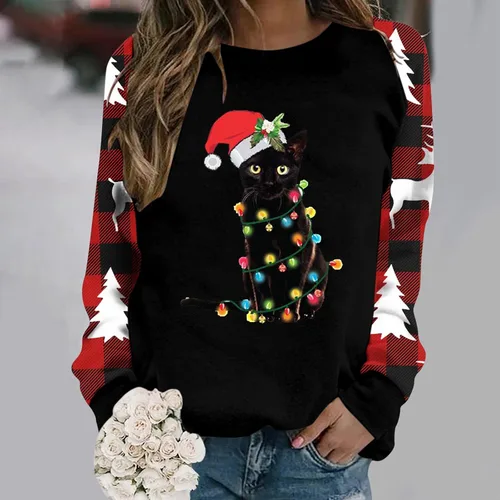 Vista 2 de Lmzaren Suéter casual de invierno para mujer, estampado navideño, cuello redondo, ajustado, sudaderas de moda, suéteres cómodos