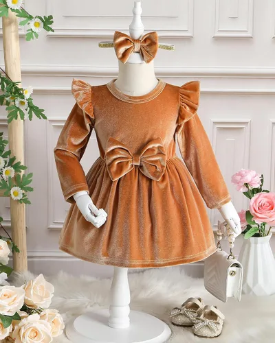 Vista 3 de Kucnuzki Vestido de terciopelo para niña pequeña, vestido de terciopelo sólido para niña, vestido de princesa casual para fiesta de otoño