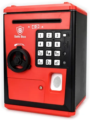 Vista 9 de Caja fuerte para niños con código por huella dactilar, alcancía parlante, caja de ahorros, cajero automático, para dinero real, gran juguete