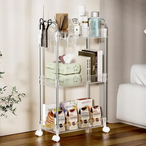 Vista 7 de SPACEKEEPER Carrito rodante de almacenamiento de acrílico de 3 niveles, organizador de carrito de baño transparente, organización de lavandería