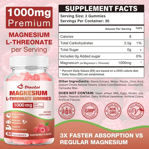 Vista 2 de Gomitas de magnesio L-treonato de 1000 mg - Suplemento cerebral para memoria y concentración para adultos y niños - Sin azúcar, sin OMG, sabor a