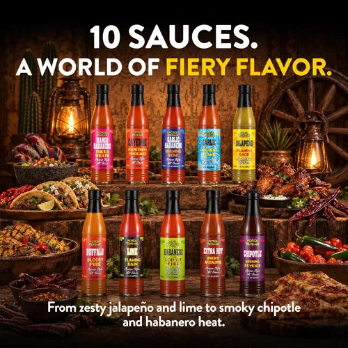 Vista 3 de Set de regalo de variedad de salsa picante estilo mexicano Aztecs Revenge - 10 botellas de salsa picante