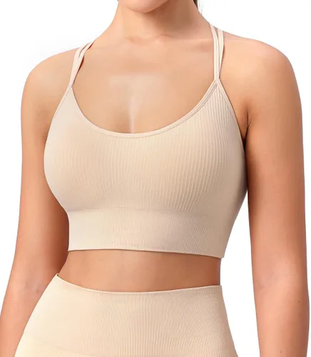 Vista 3 de Brasier deportivo acanalado para mujer, con tirantes acolchados, espalda, perfecto para yoga, entrenamiento y fitness, diseño de bajo impacto y sin