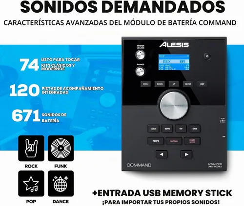 Vista 3 de Kit Alesis Drums Command Mesh SE - Set de batería eléctrica con almohadillas de malla de doble zona silenciosas, conectividad USB MIDI y más de 600