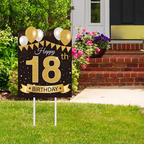 Vista 8 de Letrero grande de patio para fiesta de feliz cumpleaños número 13, negro dorado, letreros de patio de cumpleaños 13 con estacas y decoraciones