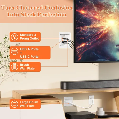 Vista 3 de Kit de organización de cables de pared con placa de pared de cepillo, salidas de CA y puertos USB-A+USB-C, cable de 9 pies, salida de pared