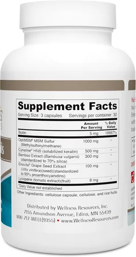 Vista 3 de Wellness Resources Cabello, piel y uñas con biotina, queratina HNS de cinatina, OptiMSM, extracto de semilla de bambú y uva, suplemento para uñas