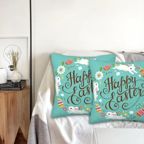 Vista 5 de Juego de 2 fundas de almohada decorativas de 18 x 18 pulgadas, diseño de huevos de Pascua, para sala de estar, dormitorio, sofá