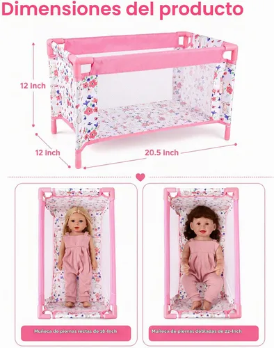 Vista 3 de Cuna para Muñecas Bebé Reborn, Cama de Muñeca para Bebés de 18 Pulgadas, Cuna de Juguete Extraíble para Corralito de Muñecas de Bebé, Accesorios