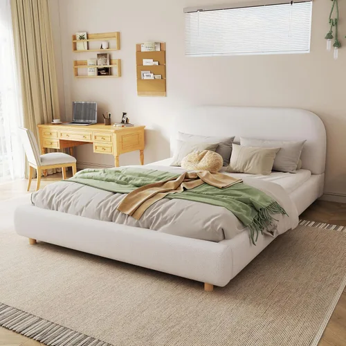 Vista 18 de Merax Cama de plataforma tapizada de tela Boucle tamaño Queen con cabecera curvada, marco de cama de madera moderno con patas cilíndricas para Crema