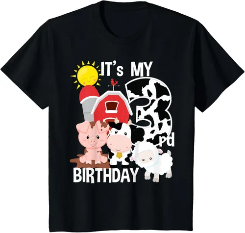 Vista 34 de Camiseta con diseño de animales de granja con texto en inglés "It's My 3rd Birthday" Negro