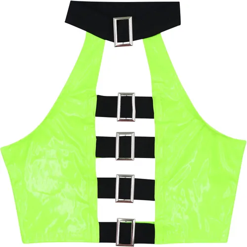 Vista 6 de Camiseta sin mangas sexy de piel sintética para mujer, con cordones, para club, fiesta, festival, raves