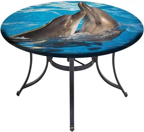 Vista 4 de Mantel redondo de vinilo ajustable, mantel de poliéster con estampado de delfín, diseño de delfines de San Valentín, bailando, se ajusta a mesas