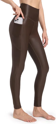 Vista 2 de HARTPOR Leggings de piel sintética para mujer, pantalones de yoga elásticos de cintura alta, pantalones de piel sintética con bolsillos