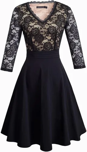 Vista 2 de HOMEYEE A062 - Vestido elegante de fiesta para mujer, escote en V, acampanado, de encaje, patchwork