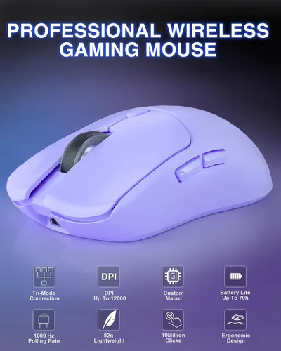 Vista 2 de AULA SC580X - Ratón inalámbrico para juegos, triple modo 2.4GBT5.0USB-C con 12000 DPI, 6 botones programables, mouse de computadora recargable