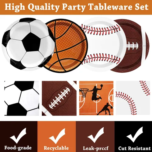 Vista 3 de Decoraciones deportivas para fiestas de cumpleaños, 80 unidades, platos y servilletas para fiestas deportivas, béisbol, fútbol, baloncesto, rugby