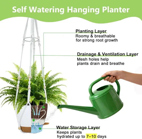 Vista 6 de Macetas colgantes para plantas de interior: paquete de 2 perchas de macramé con luces de cultivo y macetas de riego automático, macetas colgantes