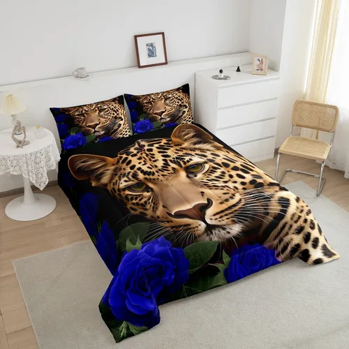 Vista 2 de Erosebridal Juego de ropa de cama de guepardo con rosa azul, juego de edredón con estampado de leopardo y gato, edredón romántico de plumón