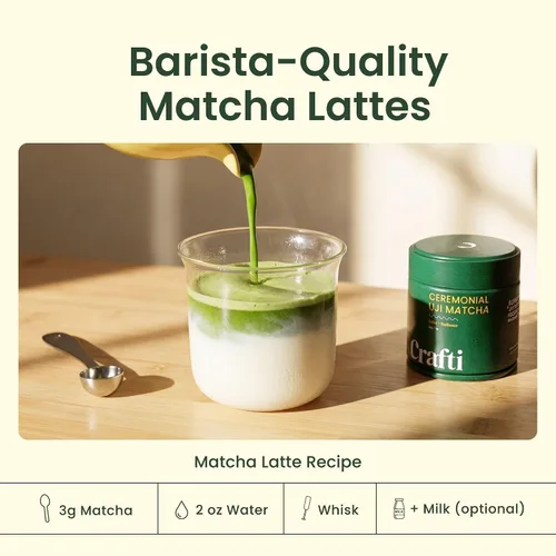 Vista 7 de Crafti Polvo de matcha de grado ceremonial (orgánico) – Polvo de té verde matcha japonés auténtico sin azúcar de Uji, Kyoto para lattes de grado