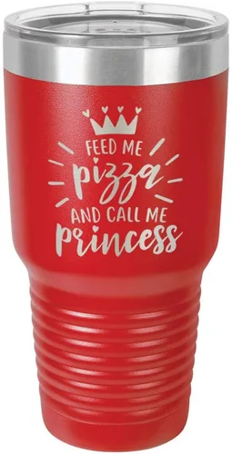 Vista 16 de Vaso grabado con pajita y tapa superior deslizante de acero inoxidable para viaje con texto en inglés "FEED ME PIZZA AND CALL ME PRINCESS