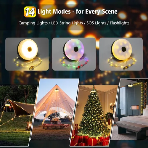 Vista 3 de Cadena de luces de campamento de 33 pies, 100 LED, 4 en 1, recargable, 100 LED, para exteriores, con 14 modos de iluminación, control remoto