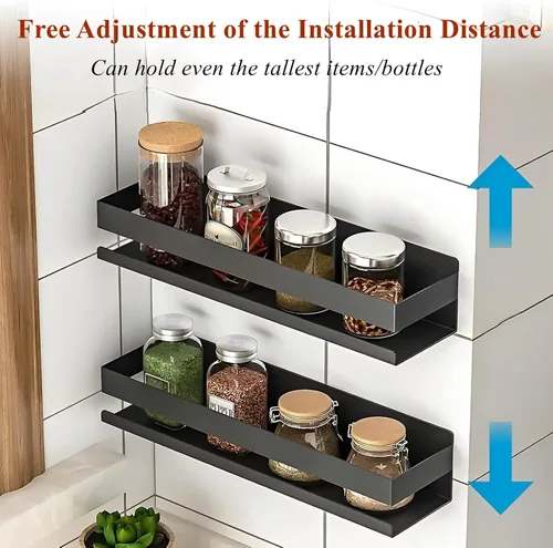 Vista 6 de Estantes flotantes montados en la pared, estante de baño de acero inoxidable inoxidable, estante de especias de cocina sin clavos negro, organizador