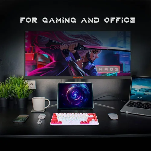 Vista 6 de abucow Teclado mecánico con cable 60% Diseño compacto de 68 teclas, anti-fantasma completo, interruptor marrón intercambiable, teclas rojas