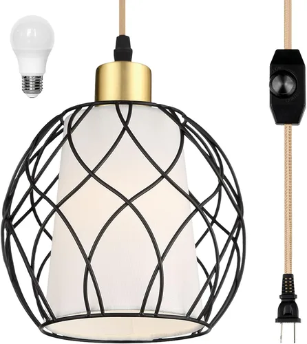 Vista 10 de Lámpara colgante enchufable, luces colgantes con cable de algodón dorado de 15 pies e interruptor de atenuación continuo, pantalla de cuerda