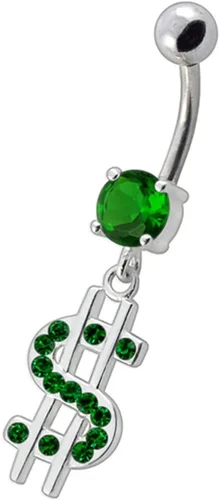Vista 2 de Fancy US Dollar Sign Dangling 925plata esterlina con barriga de acero inoxidable Botón Ombligo Anillos