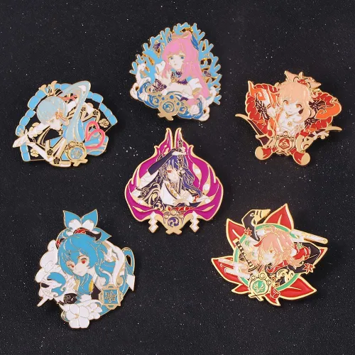 Vista 6 de Genshin Impact Hutao Broche Broche esmaltado de personajes Hutao Cosplay Broche de solapa Regalo para fanáticos mujeres y niñas Metal Sin gemas