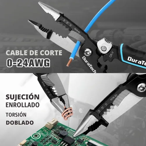 Vista 8 de DURATECH Pelacables 5 en 1, pelacables de 8 pulgadas y herramienta de prensado, construcción CR-V premium, alicates de punta de aguja, alicates