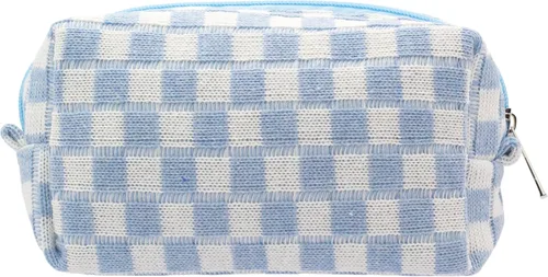 Vista 88 de PAZIMIIK Bolsa de Maquillaje a Cuadros para Bolso Portátil con Cremallera, Estuche Pequeño de Cosméticos para Accesorios de Viaje, Azul Ártico