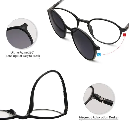 Vista 4 de Bauhaus Lentes de sol magnéticos con clip para hombres y mujeres lentes polarizados UV400 retro redondos antirreflejos transparentes