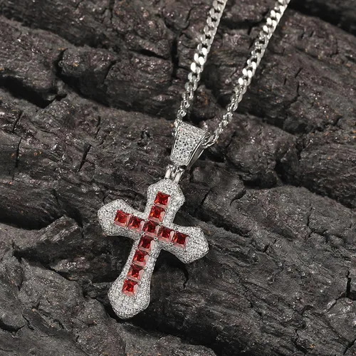 Vista 5 de ZeaLian Collar de cruz de circonita de hip hop, chapado en oroplata, cristal egipcio, colgante de cruz de cristal copto Ankh, joyería de cadena