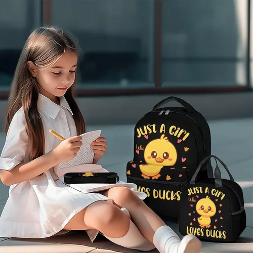 Vista 2 de FUZZYFIT Mochila de pato con juego de lonchera para niños, mochilas escolares 3 en 1 a juego, bonita bolsa negra y estuche para lápices